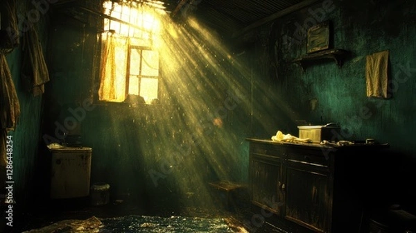 Fototapeta Sunlight streams through a dusty window, illuminating the neglected details of a dilapidated room, creating a stark contrast between light and shadow.