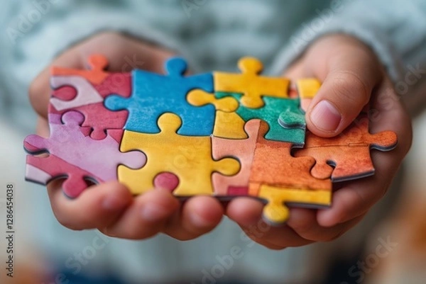 Obraz A child holds colorful jigsaw puzzle pieces, showcasing creativity and focus.