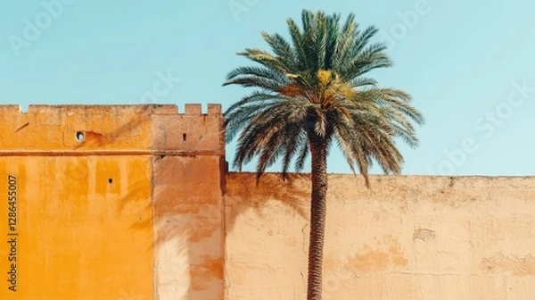 Fototapeta A palm tree stands prominently before a textured wall, with a modern building visible in the background, creating a tropical urban scene.