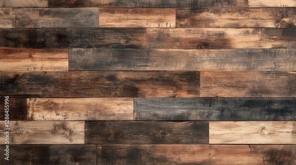 Fototapeta Rustic wooden wall texture with dark and light brown planks, natural patterns, ideal for interior design, backgrounds, and home decor projects.