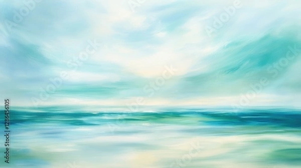 Fototapeta Serene ocean landscape with calm waters and subtle blue tones, abstract cloudy sky reflecting tranquility and peace in natures beauty.