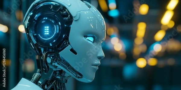 Fototapeta 3D render of an AI robot head in profile, looking at the camera, wearing white and blue futuristic , with a blurred dark cyan room with lights in the background.