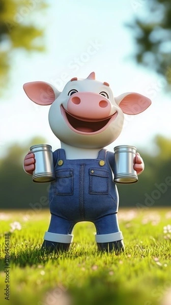 Obraz A cute funny cow in a denim jumpsuit, holding two cans of milk in her paws. A bright spring background,