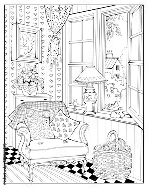 Fototapeta Illustration of a charming ancient room interior with an armchair near an open window. Page for coloring book. Black and white drawing. French architecture. Hand drawn vector.