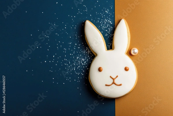 Fototapeta A stylishly captured bunny-head cookie rests on a navy and sand backdrop. Showcasing high-end food photography with a minimalist vibe, it emphasizes contrast and elegance.