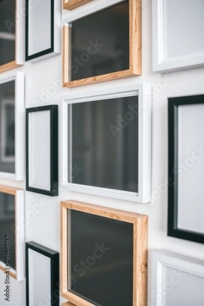 Fototapeta Diverse picture frames arranged on a white wall create a dynamic display of art and visual appeal.