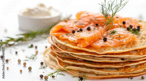 Obraz Yellow stuffed pancakes with mushrooms and sour cream ,raw salmon fillet isolated on white with rosemary