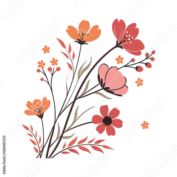Fototapeta Floral pattern. Pretty flowers on a white background. Printing with small orange, red, and pink flowers. Ditsy print. Spring Bouquet vector art illustration