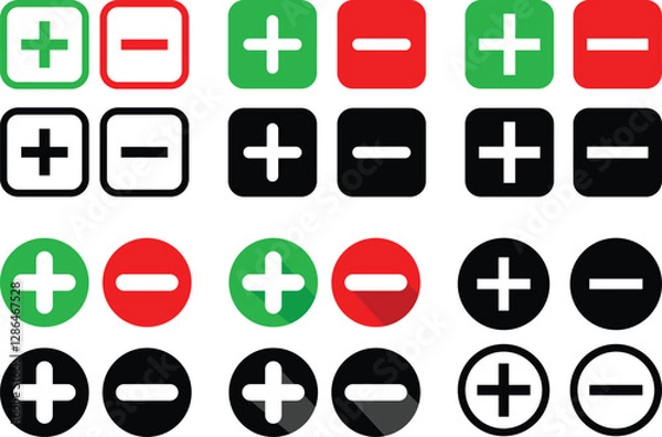 Fototapeta Add and Subtract Icons. Set of plus and minus symbols in circular and square shapes, positive and negative signs, vector icons, geometric symbols for math, web, and UI design elements