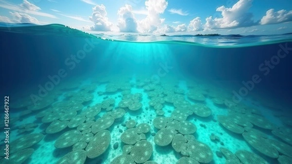 Fototapeta Aerial view of coral bleaching in tropical reef with clear blue ocean and cloudy sky	