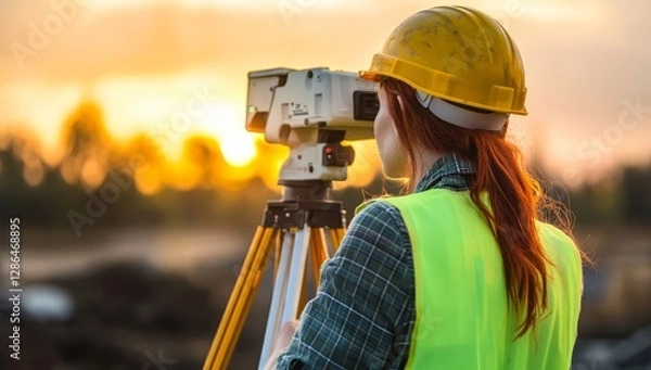 Fototapeta A female land surveyor using the digital total station on site, with red hair, wearing a yellow safety helmet and green vest, in the golden hour lighting, with a construction background, in a photorea