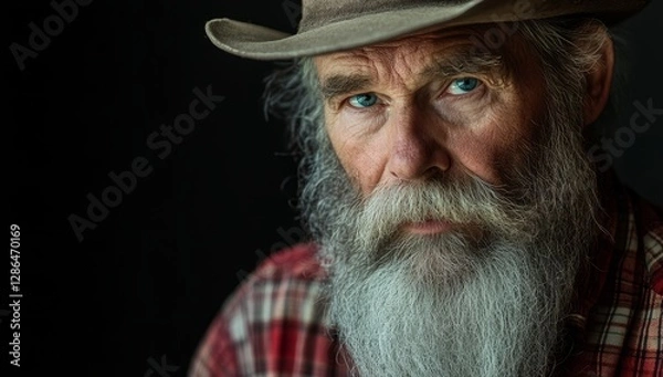 Fototapeta Portrait of an old man with a long gray beard wearing a hat and a checkered shirt, looking at the camera against a dark background. 