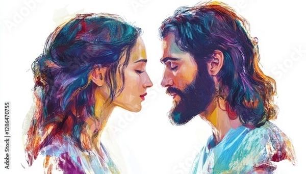 Fototapeta A digital painting depicting Jesus and Mary, side by side in profile view, with vibrant colors on a white background. The illustration captures their expressions as they gaze at each other, conveying 