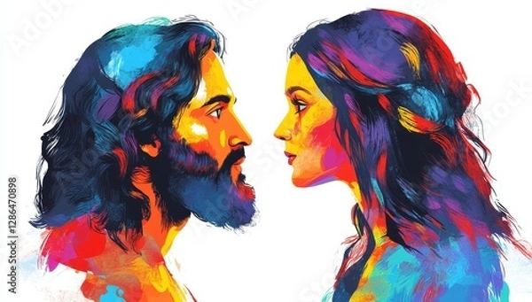 Fototapeta A digital painting depicting Jesus and Mary, side by side in profile view, with vibrant colors on a white background. The illustration captures their expressions as they gaze at each other, conveying 