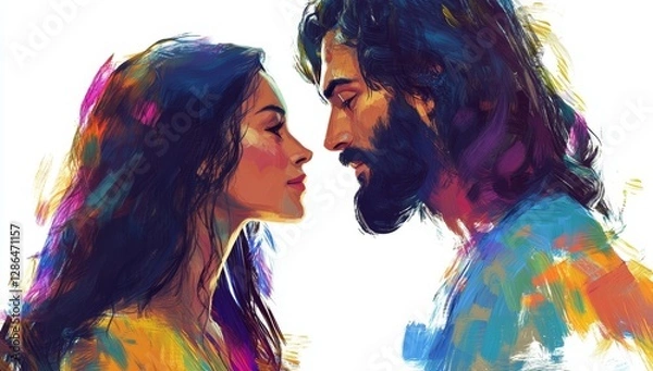 Fototapeta A digital painting depicting Jesus and Mary, side by side in profile view, with vibrant colors on a white background. The illustration captures their expressions as they gaze at each other, conveying 