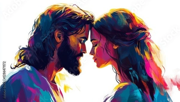 Fototapeta A digital painting depicting Jesus and Mary, side by side in profile view, with vibrant colors on a white background. The illustration captures their expressions as they gaze at each other, conveying 