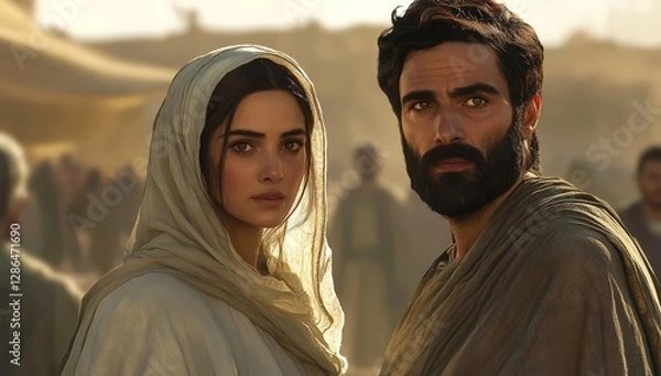 Fototapeta A digital painting of Mary and Joseph, the mother in white with her hair tied back wearing an open headscarf, and the father figure who has a dark brown, short beard, dressed in a grey robe, looking a
