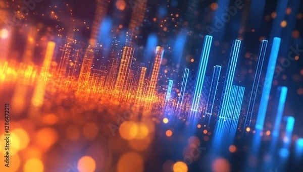 Fototapeta 3D render of a glowing bar graph with data points, a blurred background, and an orange and blue color scheme.