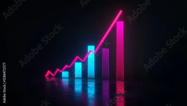 Fototapeta 3D render of a glowing neon bar graph with a rising trend line on a black background. The neon lights are in shades of blue, red, and pink.