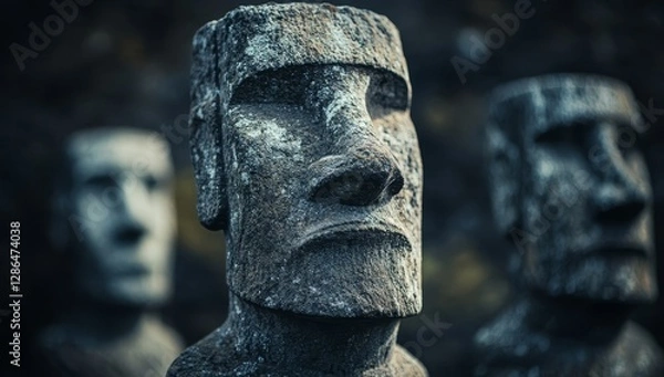 Fototapeta A close-up of stone Easter Island head statues with a dark background, creating an eerie and mysterious atmosphere. 