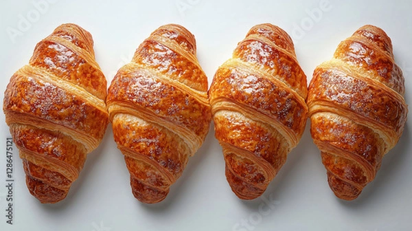 Fototapeta Four golden-brown croissants, sprinkled with sugar, lie on a pristine white surface, ready to be enjoyed