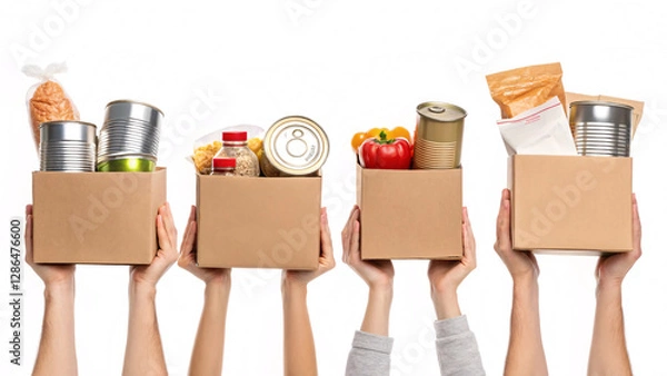 Fototapeta food drive donations Food donations in hands, showcasing various canned goods and packaged items. This highlights importance of community support and generosity