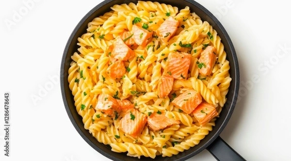 Obraz Pan of fusilli pasta with salmon on white background, top view.