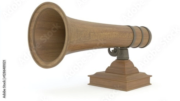 Obraz Antique wooden horn loudspeaker on a stand, isolated on white background.