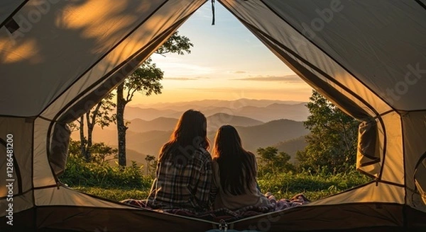 Fototapeta Two Women Enjoying Mountain View From Tent at Sunset During Camping Trip