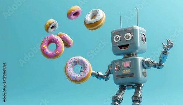 Fototapeta Funny Robot Juggling Colorful Donuts – creating a lighthearted sci-fi scene perfect for creative projects, advertising, and entertainment. Ultra-detailed and visuall