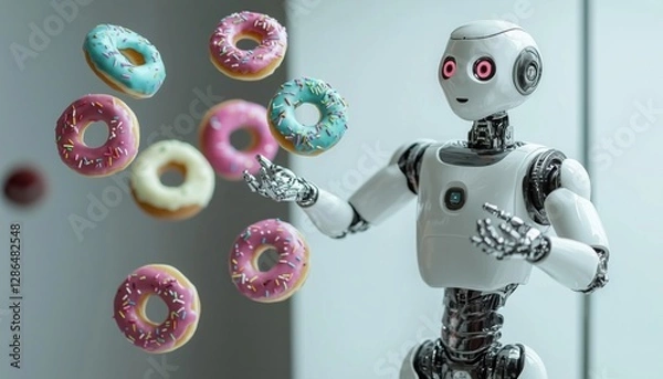 Fototapeta Funny Robot Juggling Colorful Donuts – creating a lighthearted sci-fi scene perfect for creative projects, advertising, and entertainment. Ultra-detailed and visuall