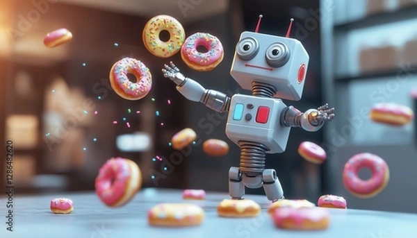 Fototapeta Funny Robot Juggling Colorful Donuts – creating a lighthearted sci-fi scene perfect for creative projects, advertising, and entertainment. Ultra-detailed and visuall
