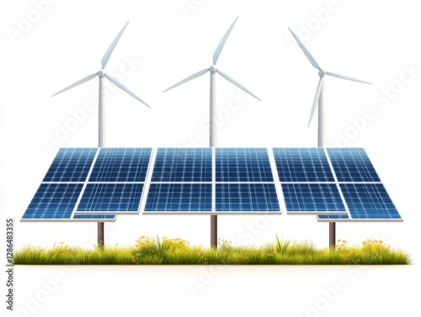 Fototapeta Solar farm with multiple solar panels and wind turbines in sustainable energy landscape symbolizing renewable energy integration green technology and environmental responsibility