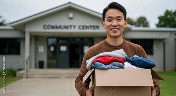Fototapeta Man Holding Donation Box with Clothes in Front of Community Center