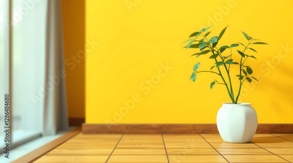 Obraz Sunlit Minimalist Interior: A single, vibrant green plant in a minimalist white pot stands elegantly in a sun-drenched room against a textured wall. The sunlight casts a warm shadow. natural glow