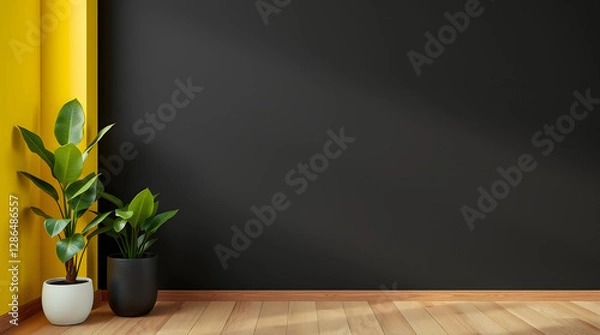 Obraz Sunlit Minimalist Interior: A single, vibrant green plant in a minimalist white pot stands elegantly in a sun-drenched room against a textured wall. The sunlight casts a warm shadow. natural glow