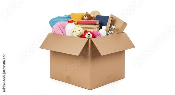 Fototapeta Cardboard Box Filled with Clothes, Books and Toys for Donation
