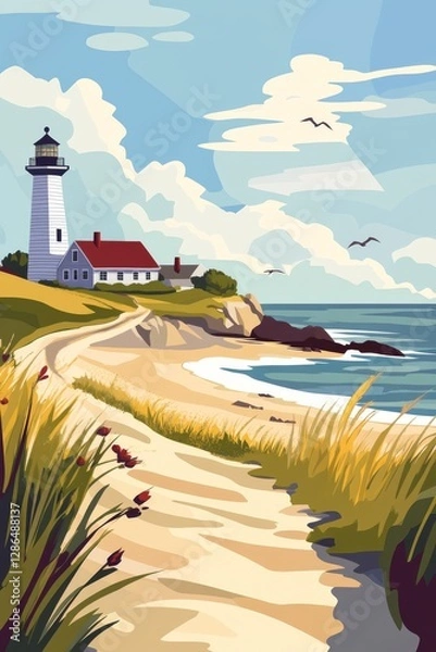 Obraz Flat vector art illustration travel poster Massachusetts beautiful sky wide angle detailed