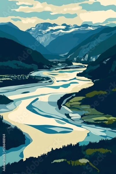 Obraz Flat vector illustration retro travel poster arial view of the beautiful squamish river in squamish british columbia