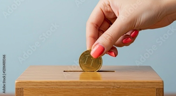 Fototapeta Hand Inserting Coin Into Wooden Box for Donation and Savings