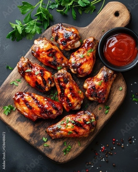 Obraz Grilled chicken wings with barbecue sauce on a wooden board top view food photography on a dark background 