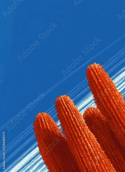 Obraz Illustration of red cactus on a blue background minimalist style close up with copy space simple background low detail A gouache painting with simple lines