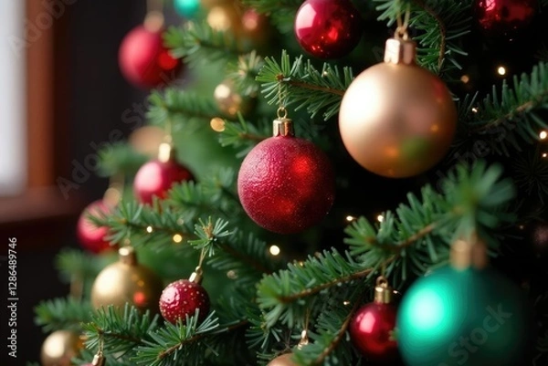 Fototapeta A cluttered Christmas tree with mismatched balls and bells, garlands, bells