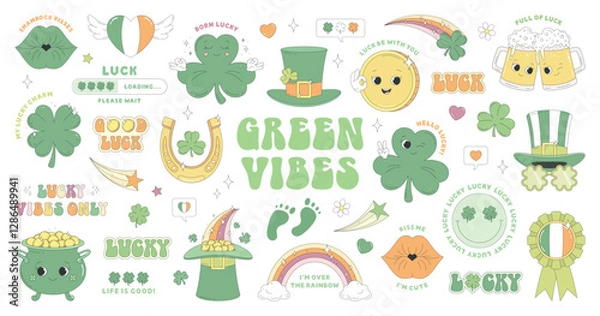 Fototapeta St. Patrick's Day stickers. Clover, leprechaun hat, Irish beer, horseshoe, gold coin, rainbow, pot of gold, ribbon rosette. Sticker pack of cartoon characters and elements in groovy retro style.