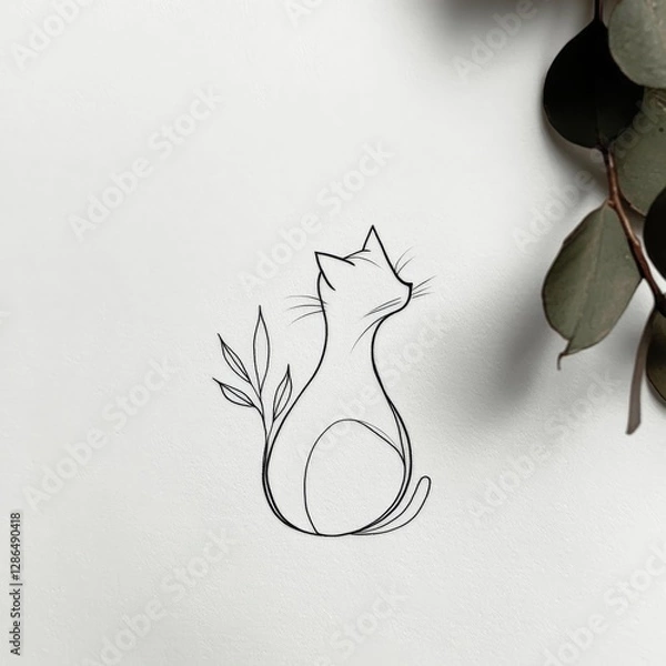 Obraz Minimalist fineline tattoo design of a cat white background