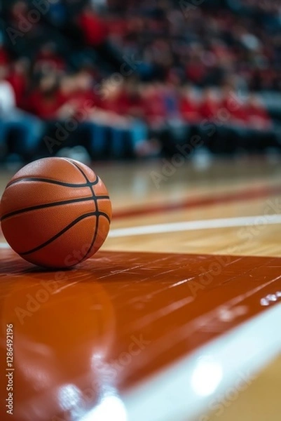 Fototapeta Realistic photo of a basketball on a modern basketball gym court empty in front of a blurry crowd in the stands in the background