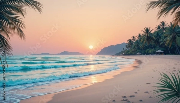 Fototapeta Tropical Beach Sunset Palm Trees Gentle Waves Pastel Colors - Serene Coastal Scenery Travel Marketing Vacation Promotions