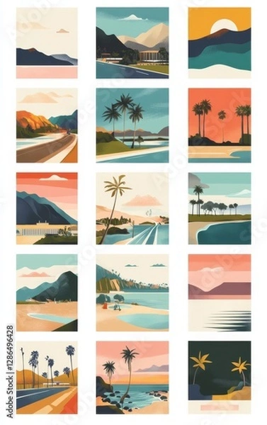 Obraz Variety of scenic posters of southern California landscape in a grid of illustrated vintage style posters on a white background mid century modern color palette