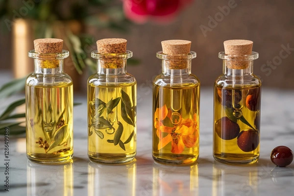 Fototapeta Colorful and aromatic infused oils in glass bottles showcased on a kitchen countertop