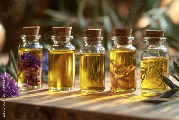 Fototapeta Beautifully arranged glass bottles of herbal oils on wooden table in a well-lit setting